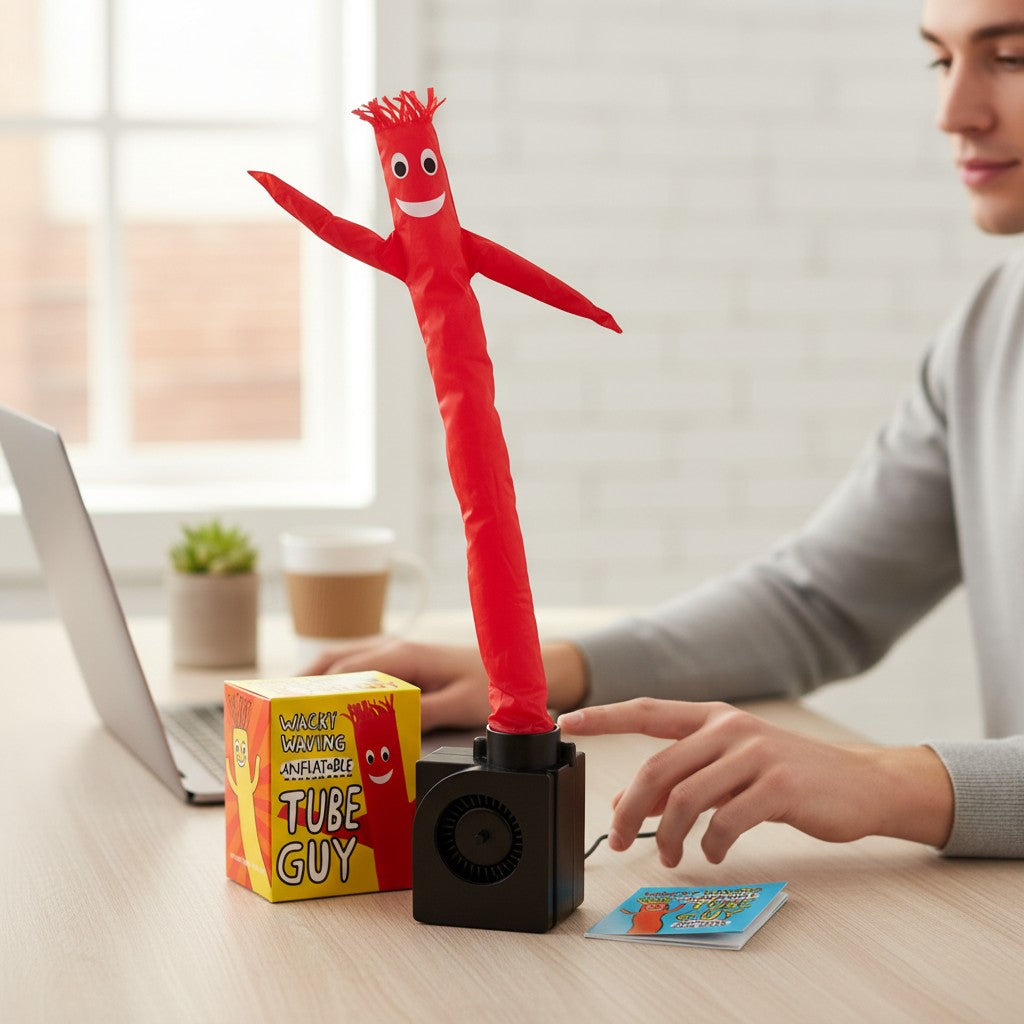 Mellow Monkey miniature red Wacky Waving Inflatable Tube Guy dancing on a desk next to a laptop and mini book.