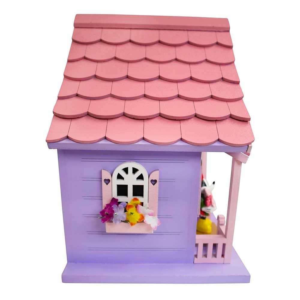 Mellow Monkey Minnie Icon Pink Birdhouse with Minnie Mouse figure on porch, pink roof, purple walls, window with flowers.