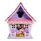 Mellow Monkey Minnie Mouse pink birdhouse with Minnie figure on porch, purple and pink wood, 8.75-in