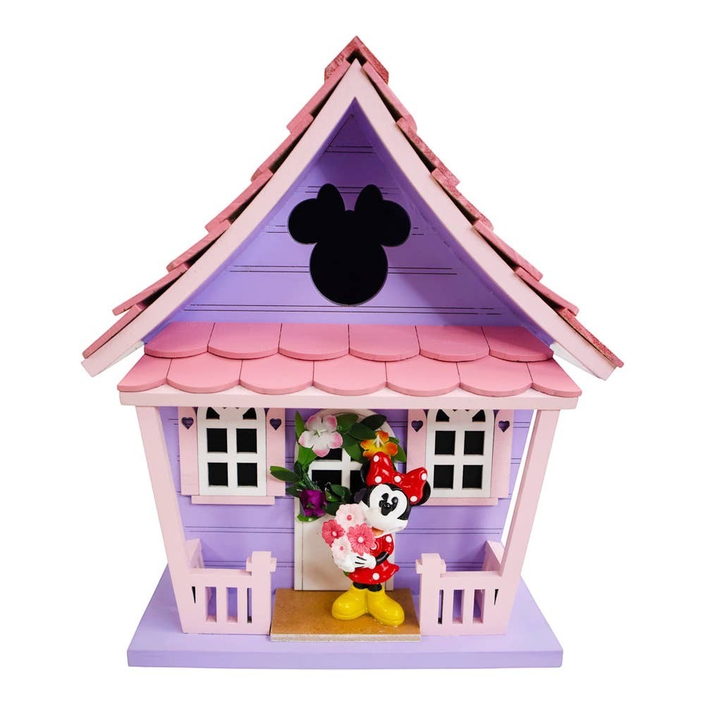 Mellow Monkey Minnie Mouse pink birdhouse with Minnie figure on porch, purple and pink wood, 8.75-in