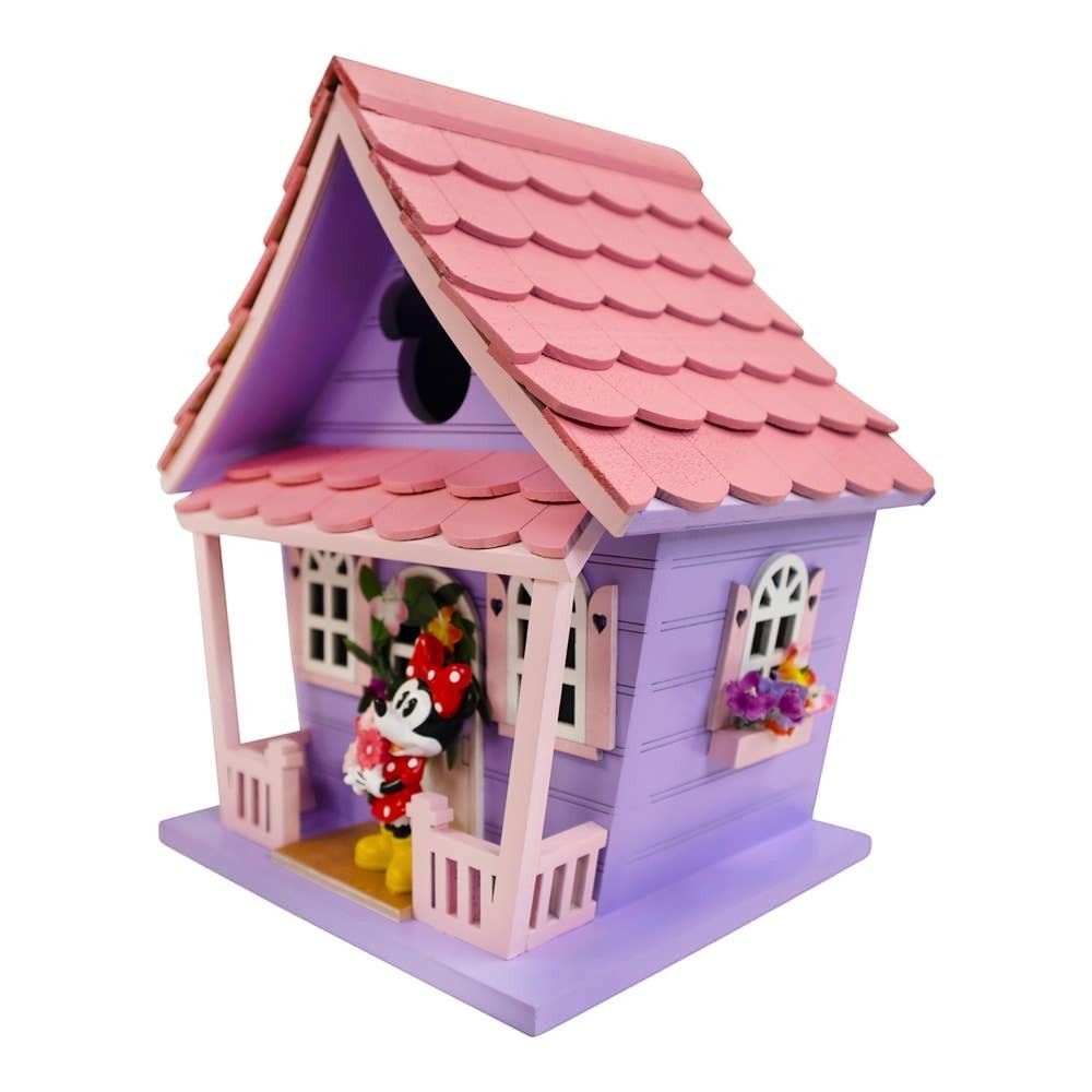 Mellow Monkey Minnie Icon Pink Birdhouse with Minnie Mouse figure on porch, purple house, pink roof, 8.75-in