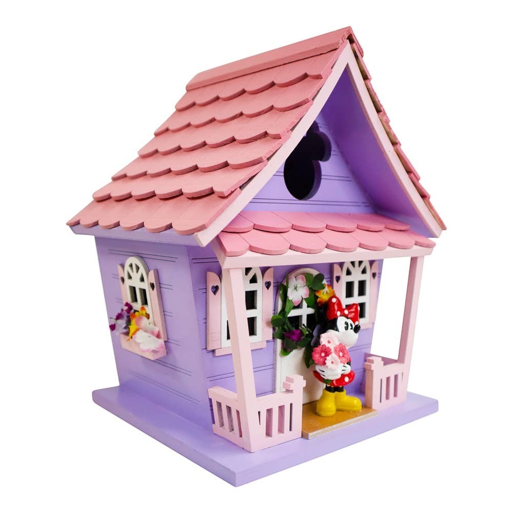 Mellow Monkey Minnie Icon Pink Birdhouse with Minnie Mouse figure holding flowers on the porch. Purple house with pink roof and trim.