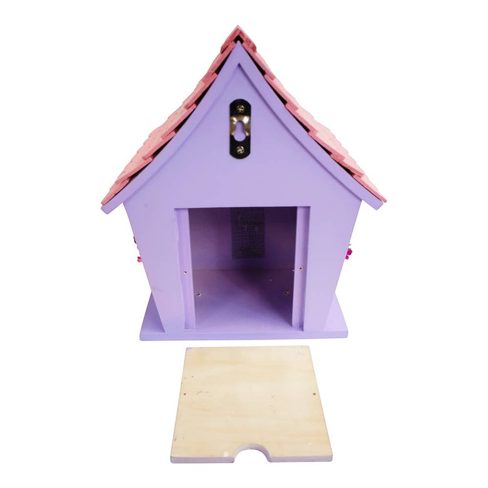 Mellow Monkey Minnie Icon Pink Birdhouse, purple wood with pink roof, 8.75-in, functional garden decor with Minnie Mouse detail.