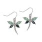 Mellow Monkey dragonfly earrings featuring mint and dark green marquise-cut crystals on silver-tone metal hooks.