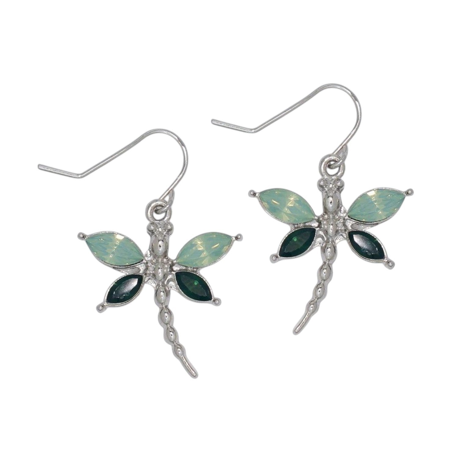 Mellow Monkey dragonfly earrings featuring mint and dark green marquise-cut crystals on silver-tone metal hooks.