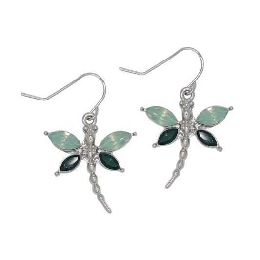 Mellow Monkey dragonfly earrings featuring mint and dark green marquise-cut crystals on silver-tone metal hooks.