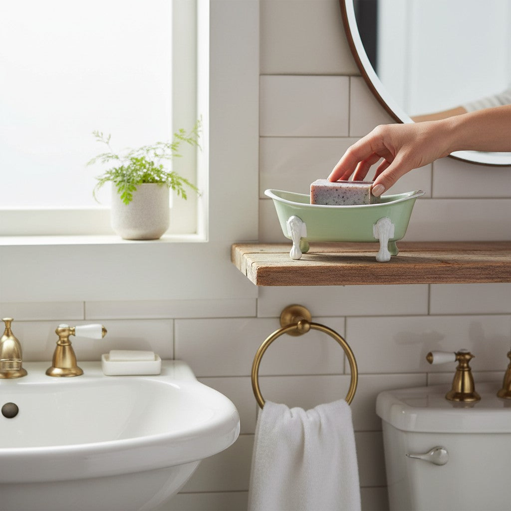 Mellow Monkey mint green iron bathtub soap dish with white rim and claw feet, 5.5" wide