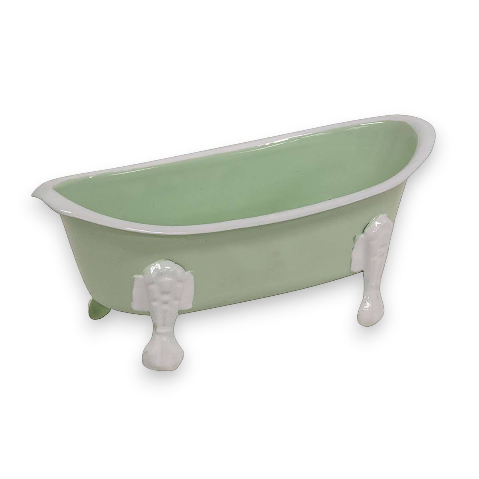 Mellow Monkey mint green iron bathtub soap dish with white rim and claw feet. Vintage design with drainage holes.