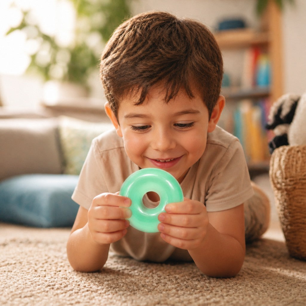 Mellow Monkey FEELZiES Jelly Donut Squishy in mint green held by a young boy lying on a carpeted floor.