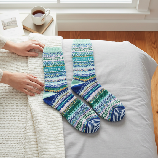 Mellow Monkey Nordic crew socks in mint and blue fair isle pattern resting on a cozy bed with hands nearby