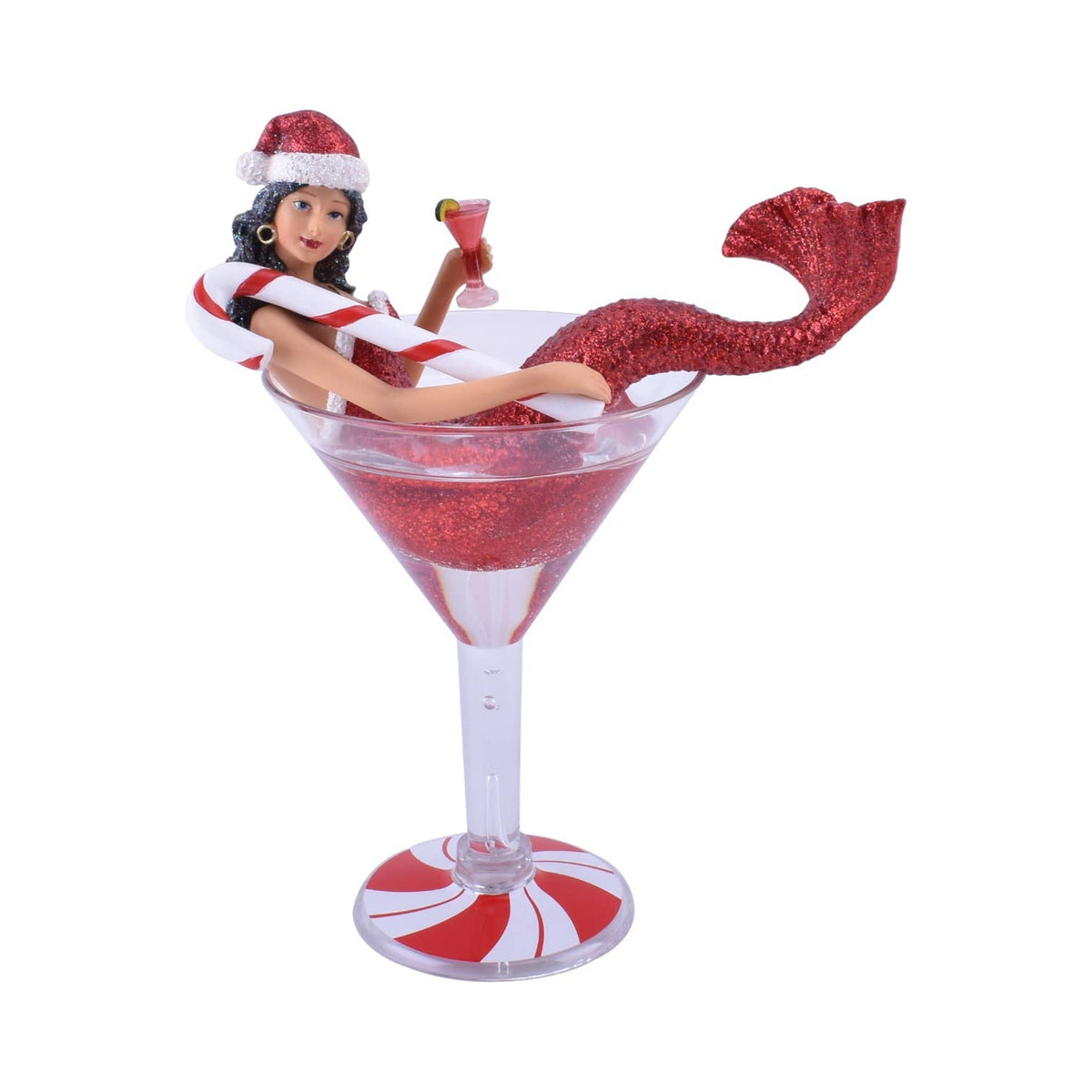 Mellow Monkey December Diamonds Miss Peppermintini merman ornament featuring a glittery red tail in a martini glass