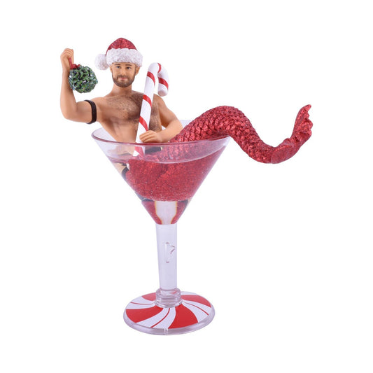 Mellow Monkey December Diamonds Mistletoe Santa merman ornament with red glitter tail in a martini glass