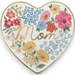 Mellow Monkey Mom Floral Heart Ceramic Trinket Tray with gold script and colorful flowers.