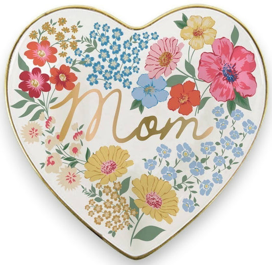 Mellow Monkey Mom Floral Heart Ceramic Trinket Tray with gold script and colorful flowers.