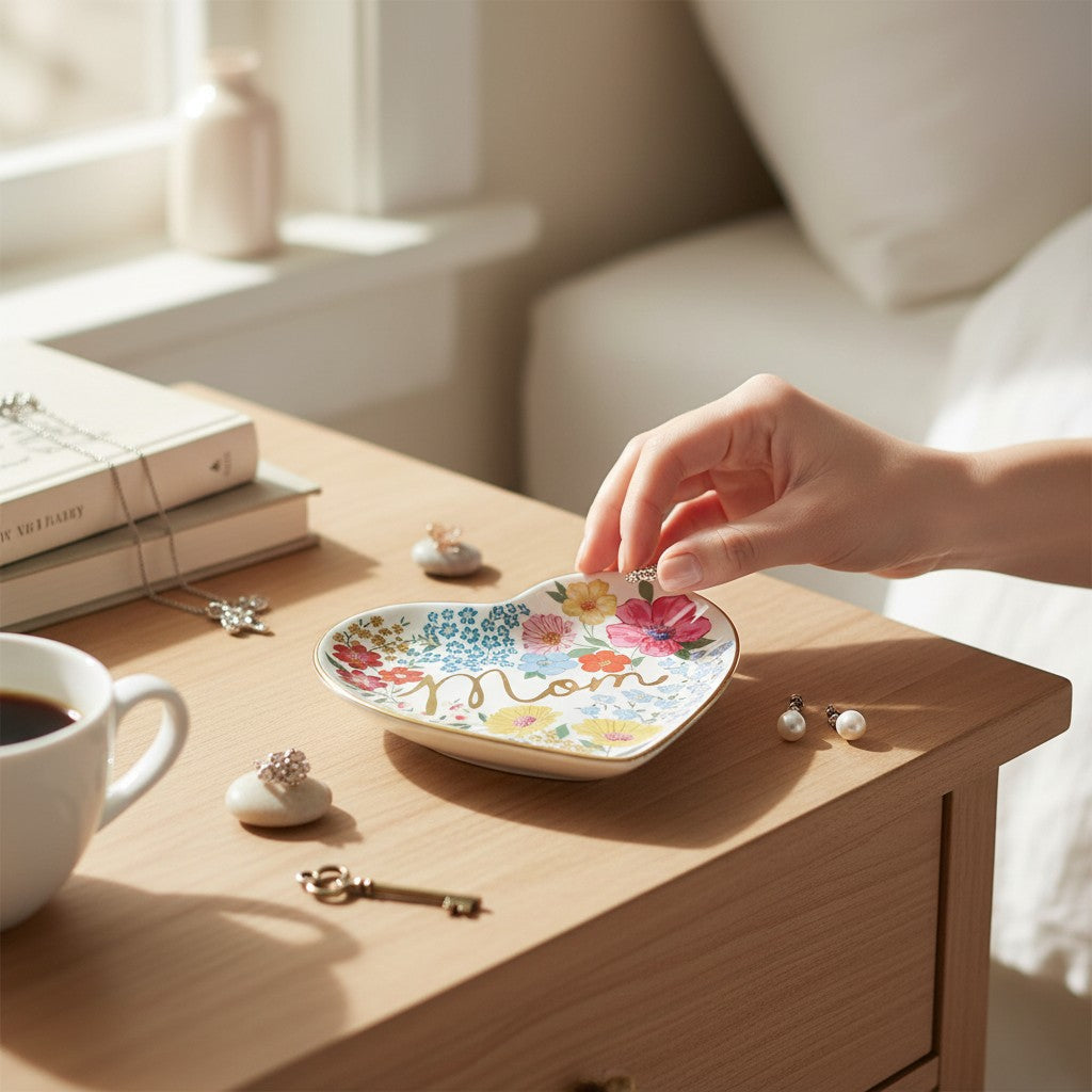 Mellow Monkey Mom Floral Heart Ceramic Trinket Tray with gold trim. Features colorful floral designs and "Mom" in gold script.