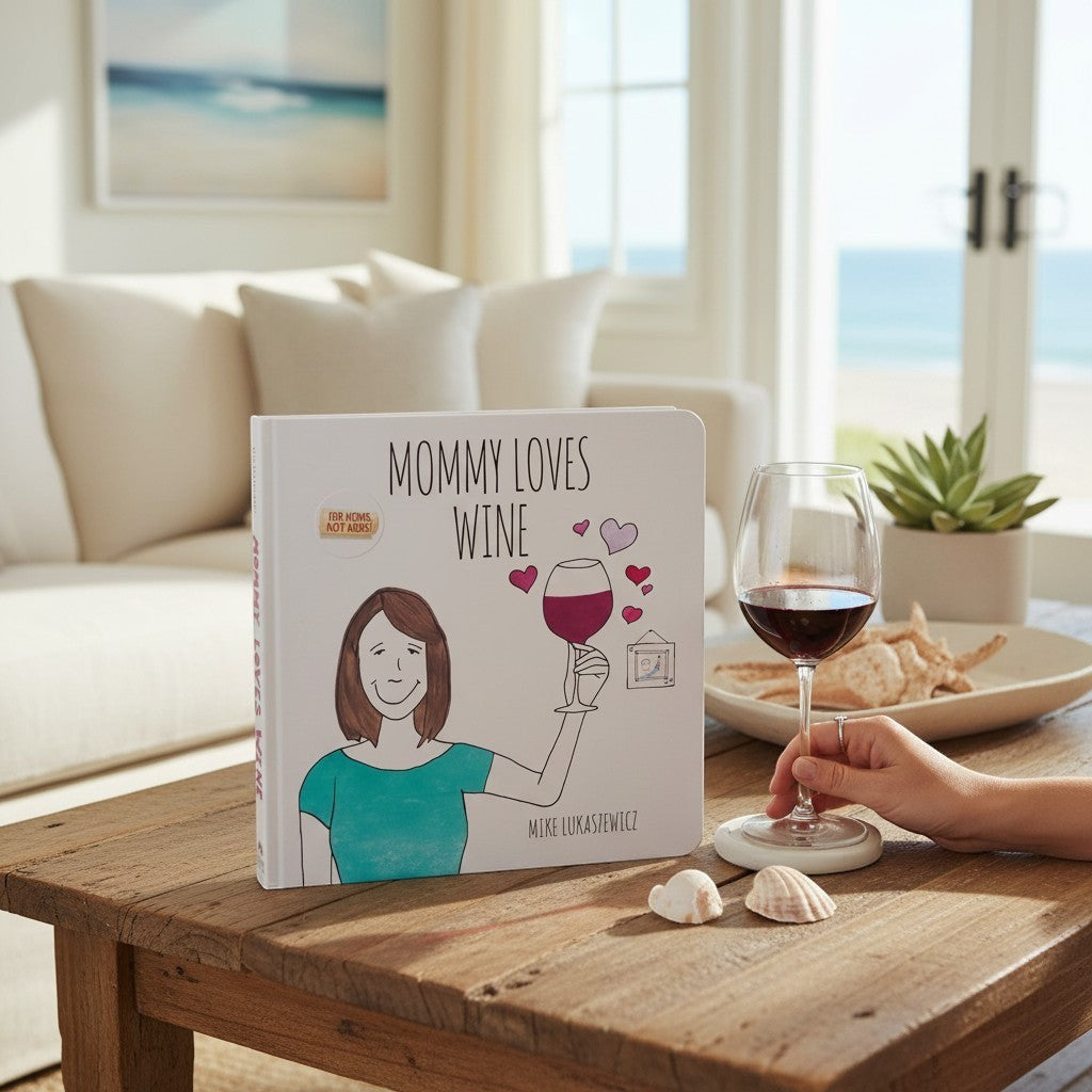 Mellow Monkey Mommy Loves Wine hardcover book by Mike Lukaszewicz, featuring a humorous illustration of a mom holding a wine glass.