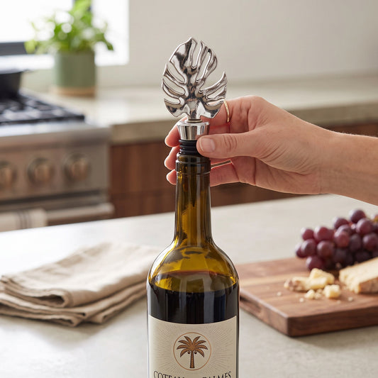 Mellow Monkey silver monstera leaf wine bottle stopper being placed into a wine bottle on a kitchen counter.