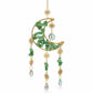 Mellow Monkey moon-shaped suncatcher with green healing stones, gold sun charms, and hanging crystals on a gold chain.