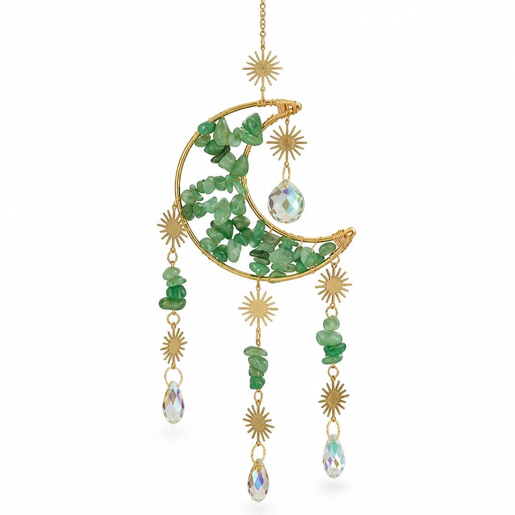 Mellow Monkey moon-shaped suncatcher with green healing stones, gold sun charms, and hanging crystals on a gold chain.