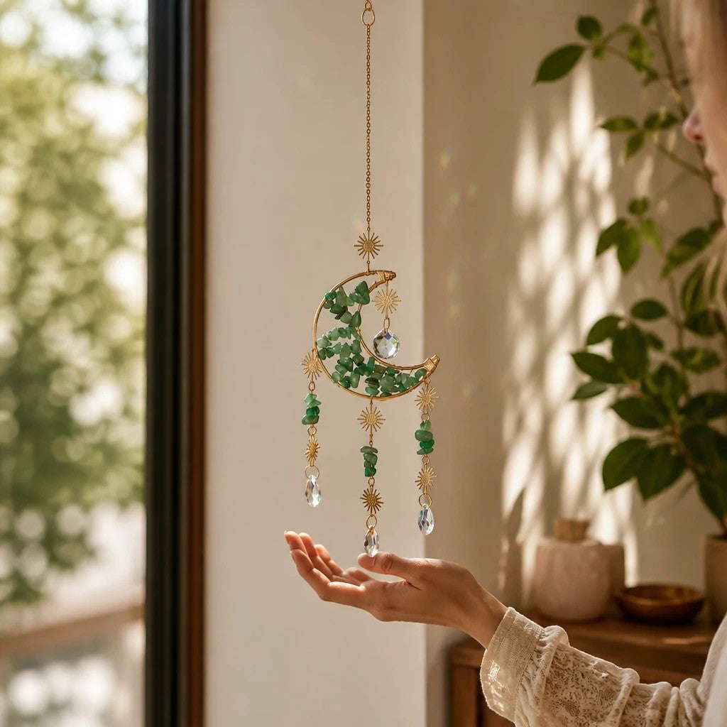 Mellow Monkey moon-shaped suncatcher with green healing stones, gold chains, and hanging crystals in a sunny window.