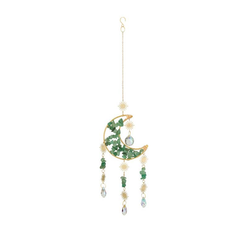 Mellow Monkey moon-shaped suncatcher with green healing stones, gold chains, and hanging crystal prisms.