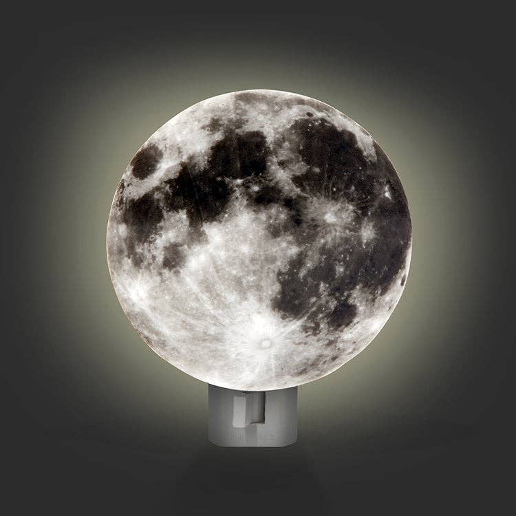 Mellow Monkey moon-shaped night light with realistic lunar surface texture glowing against a dark background