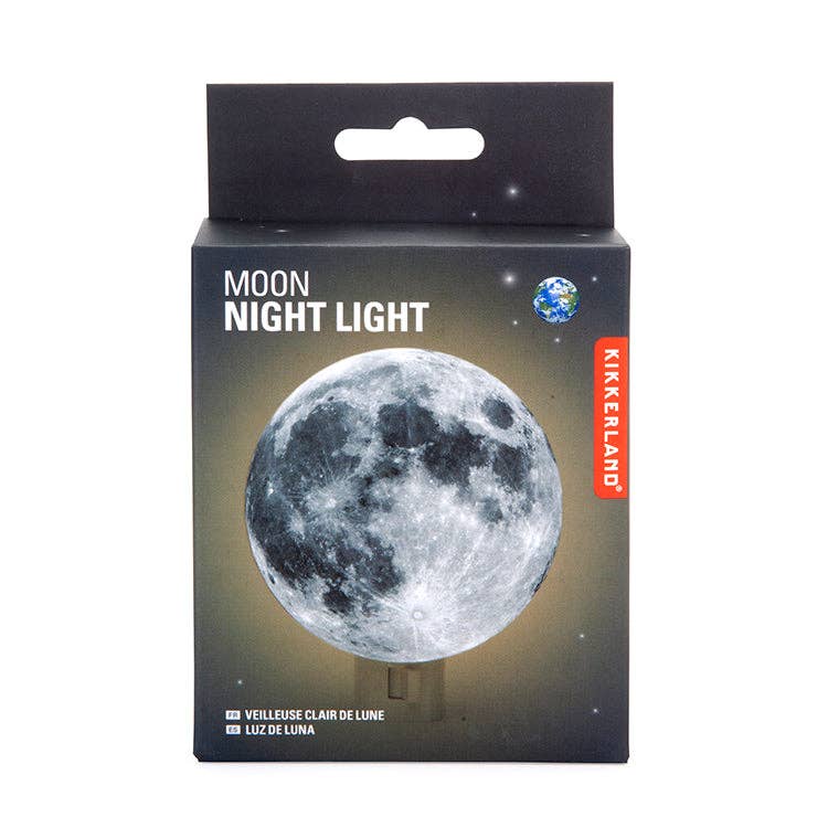 Mellow Monkey moon-shaped night light in black retail packaging with a detailed lunar surface design