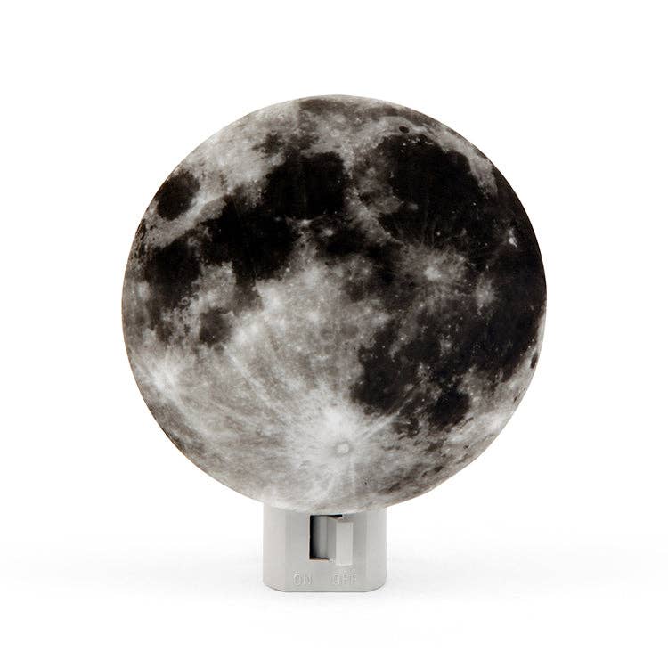 Mellow Monkey moon-shaped night light with realistic lunar surface texture and an on-off switch on a white background.