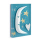 Mellow Monkey To the Moon Together acrylic wall art, 5x7 inches, featuring a smiling crescent moon, gold stars, and a heart with text on a blue textured background.