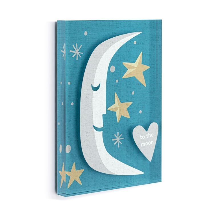 Mellow Monkey To the Moon Together acrylic wall art, 5x7 inches, featuring a smiling crescent moon, gold stars, and a heart with text on a blue textured background.