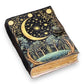 Mellow Monkey Moon and Stars vintage leather spellbook with a celestial night sky design and ornate clasp. 5x7 inches.