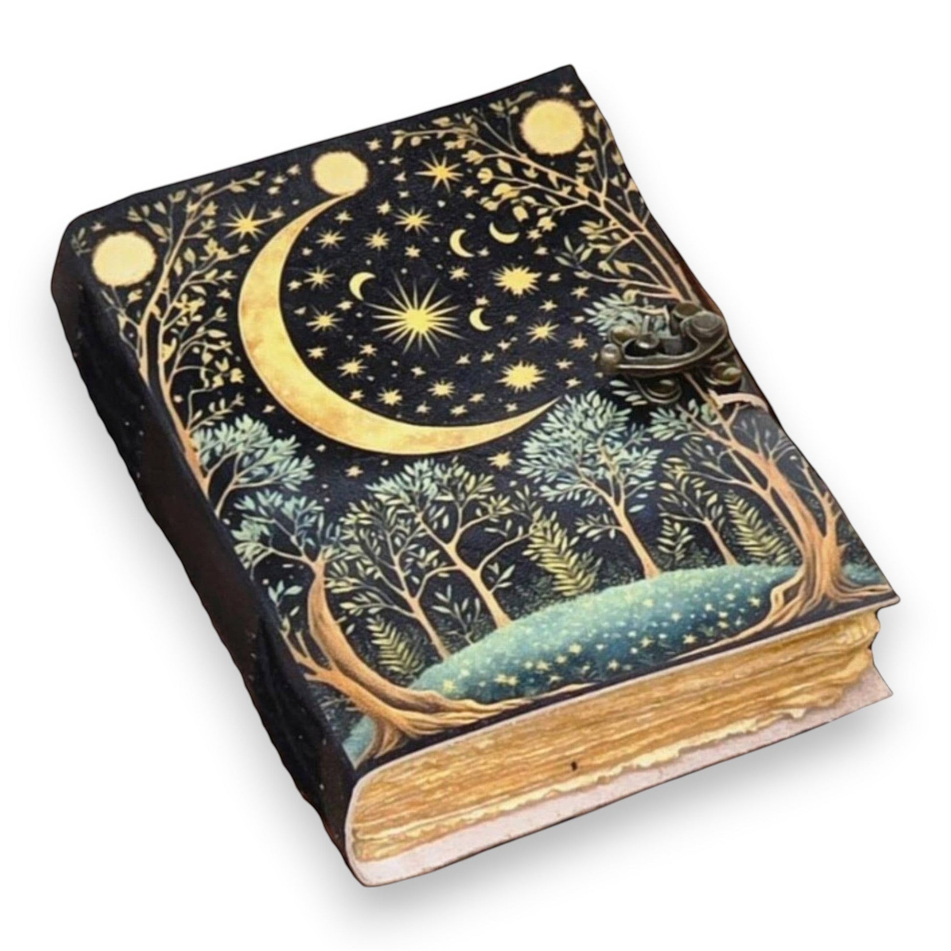 Mellow Monkey Moon and Stars vintage leather spellbook with a celestial night sky design and ornate clasp. 5x7 inches.