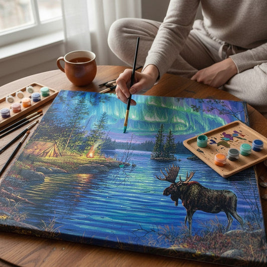 Mellow Monkey Moose and Aurora Borealis paint by numbers kit for adults. Advanced difficulty, 16"x20".
