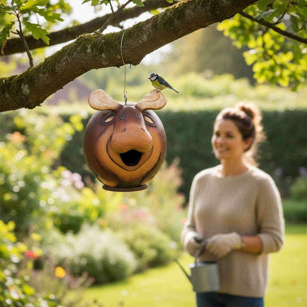 Mellow Monkey hand-carved wooden moose-shaped hanging bird house in a garden with a small bird perched on top