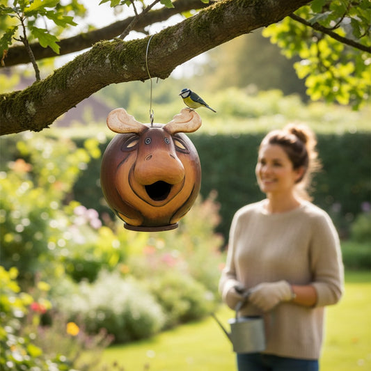 Mellow Monkey hand-carved wooden moose-shaped hanging bird house in a garden with a small bird perched on top
