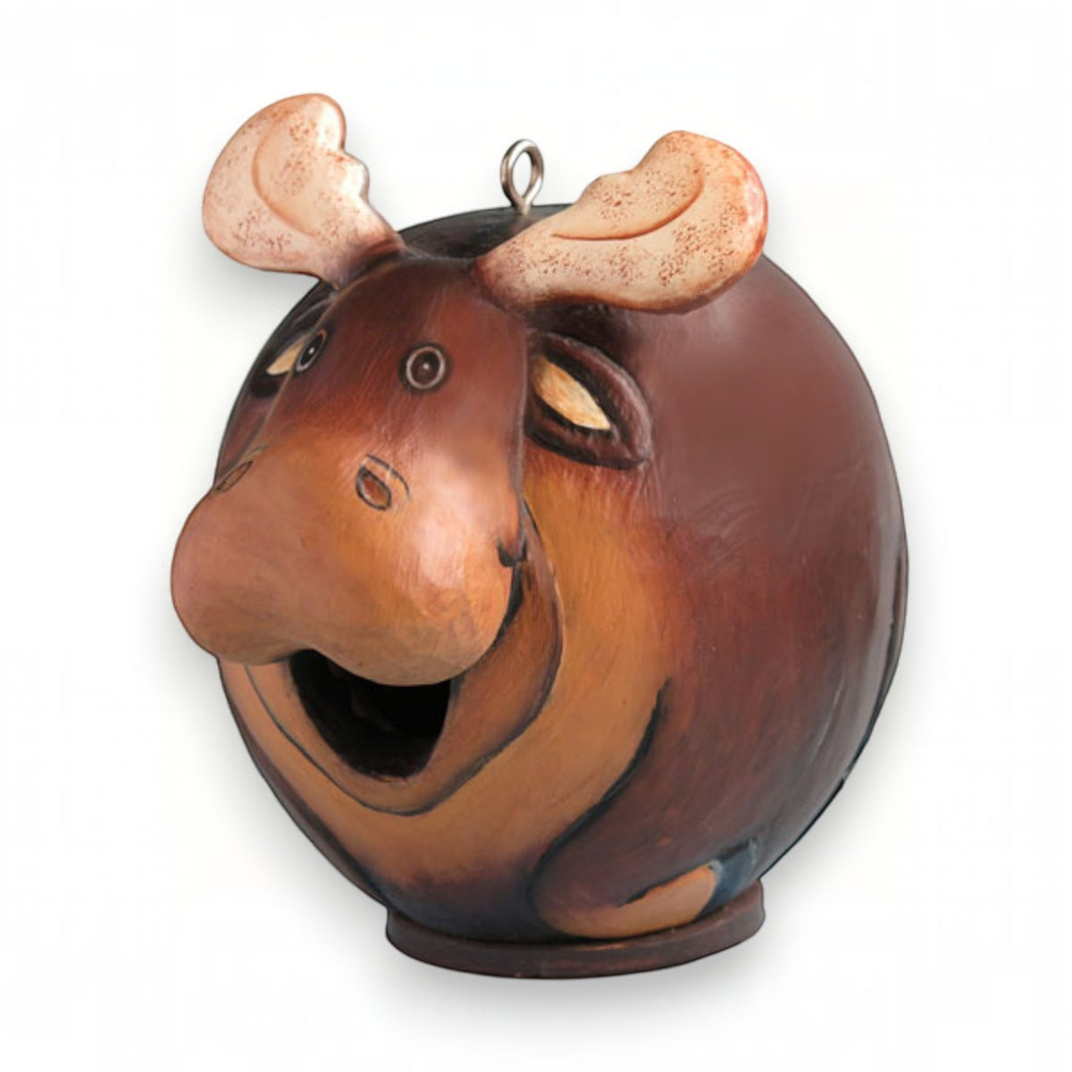 Mellow Monkey hand-carved wooden moose bird house with a whimsical round design and non-toxic painted finish.