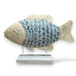 Mellow Monkey 25-inch fish sculpture featuring blue mosaic tiles and iridescent capiz shells on a wooden base.