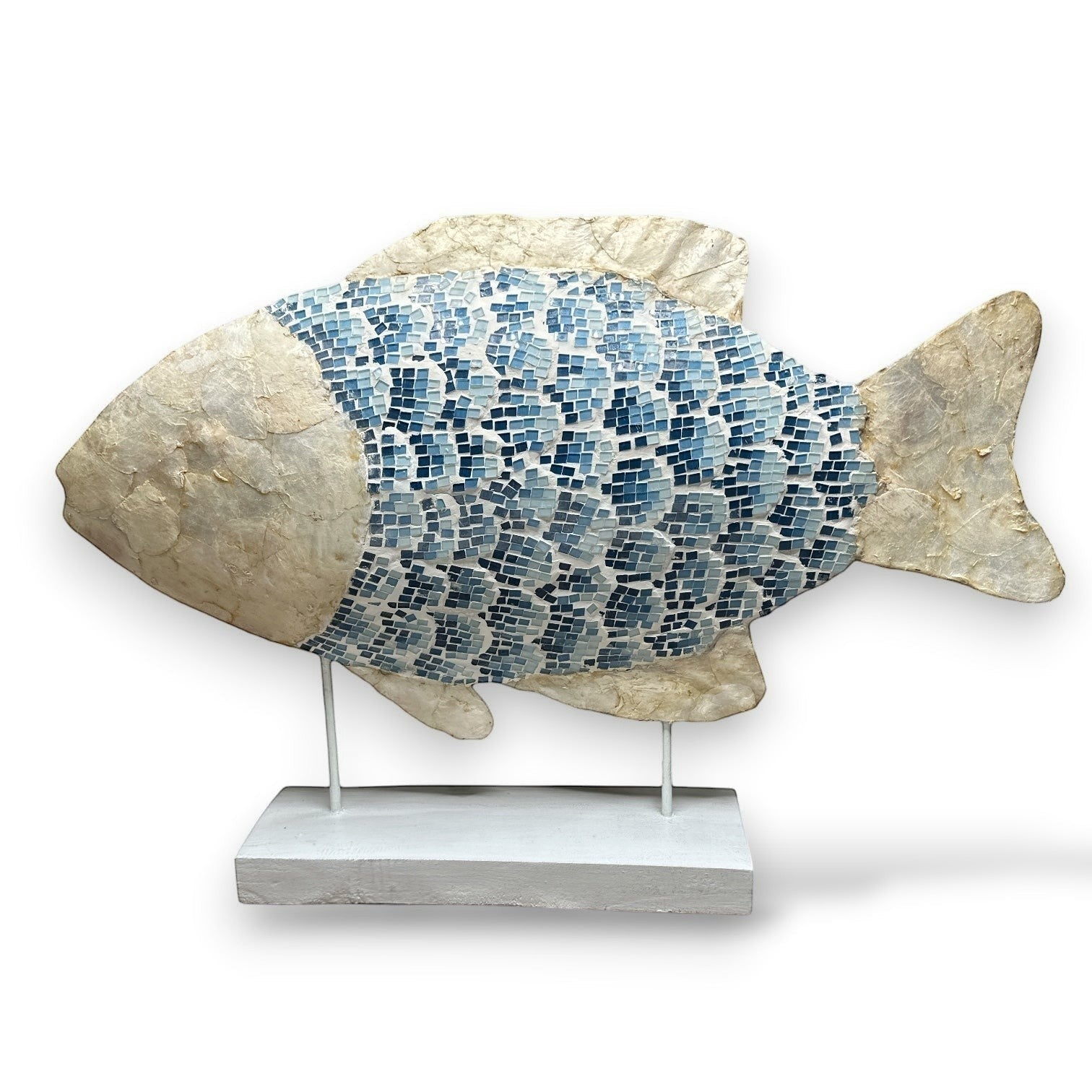 Mellow Monkey 25-inch fish sculpture featuring blue mosaic tiles and iridescent capiz shells on a wooden base.