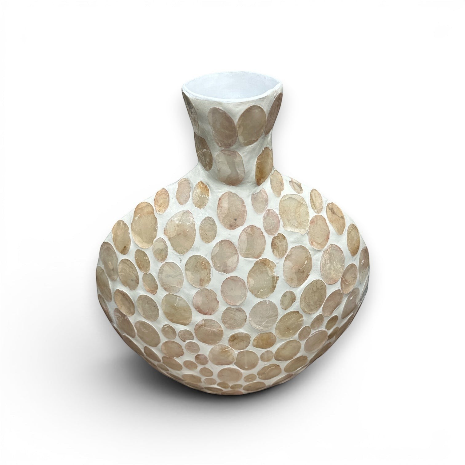 Mellow Monkey 20-inch bottleneck vase featuring an iridescent mosaic of genuine mother of pearl tiles.