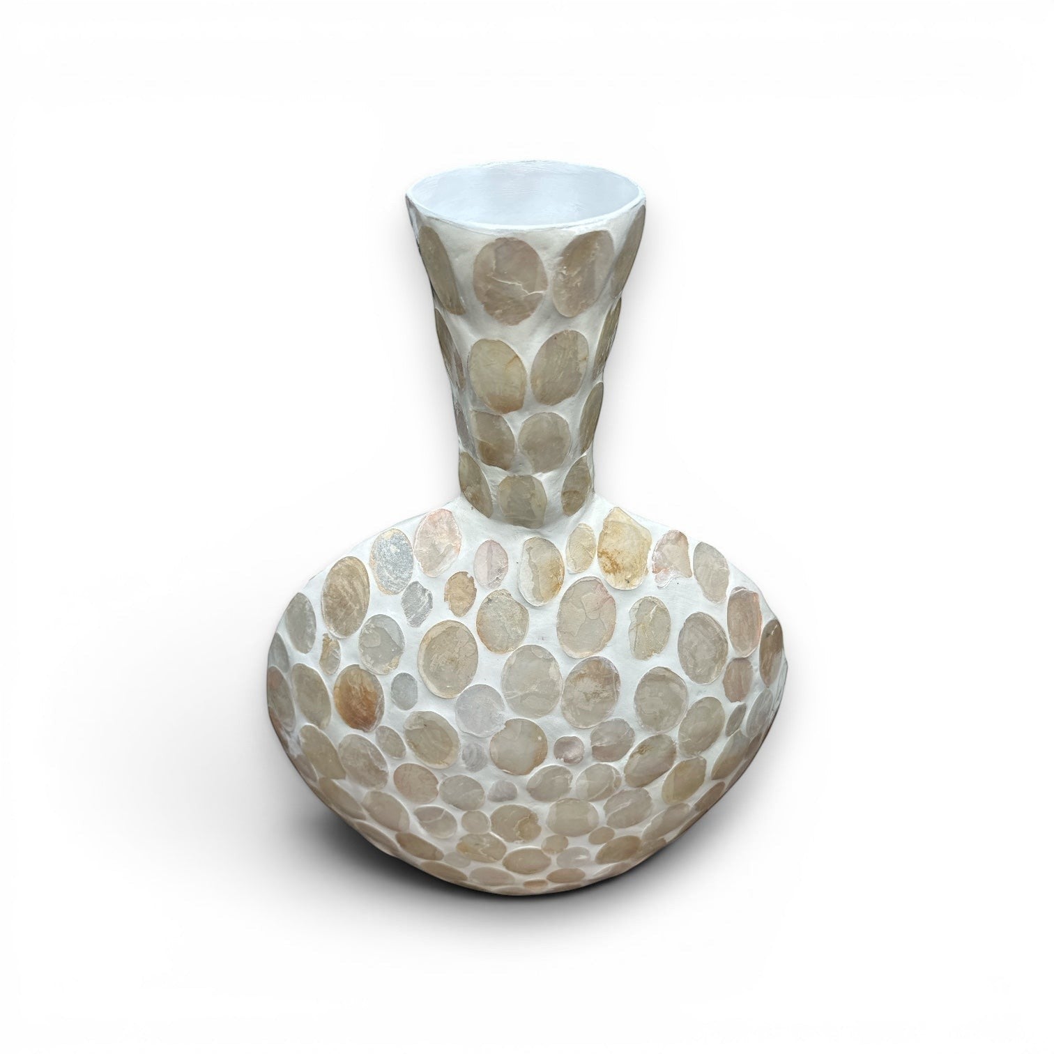 Mellow Monkey 23-inch bottleneck vase featuring an iridescent mosaic of genuine mother of pearl shell inlay.