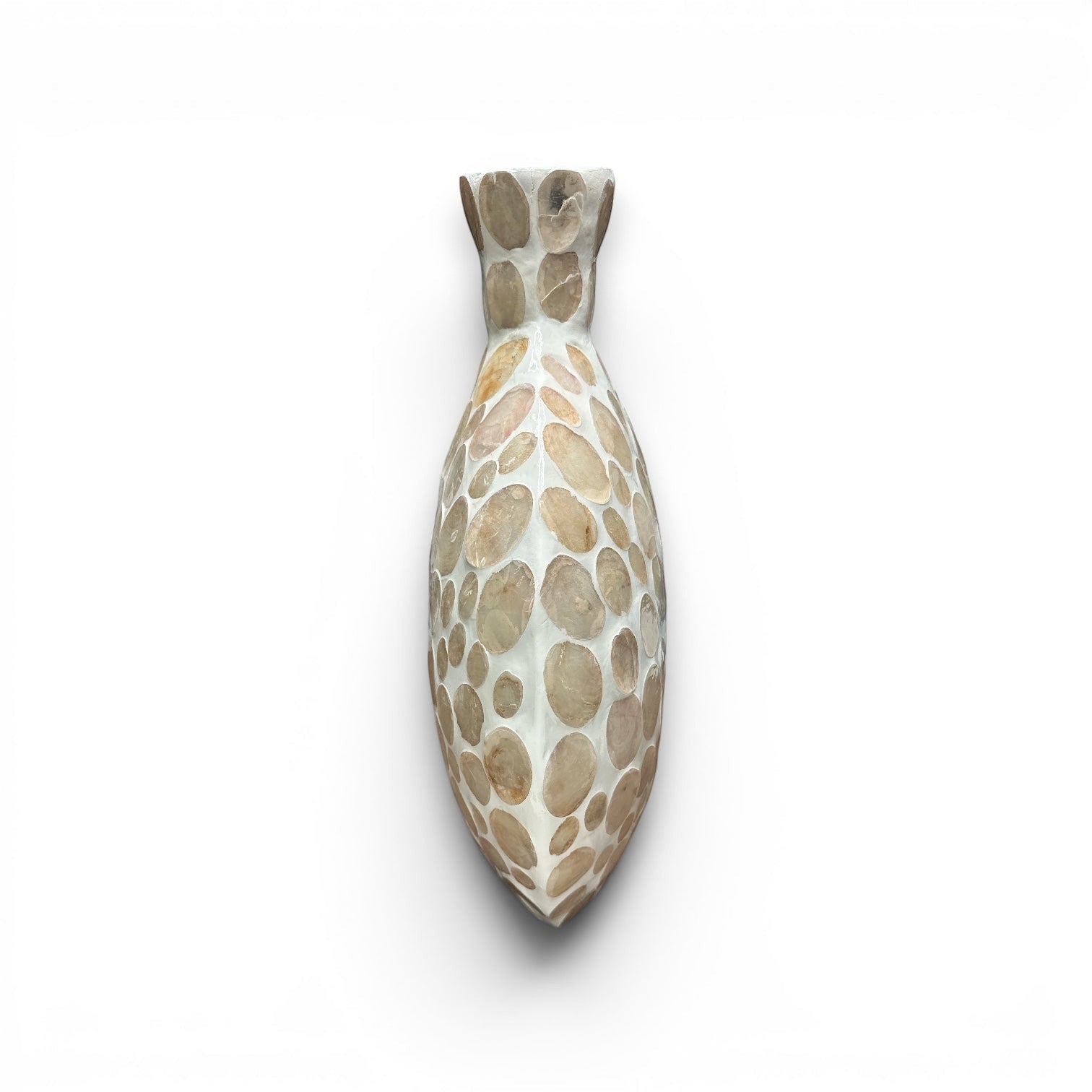 Mellow Monkey 20-inch bottleneck vase featuring an iridescent mosaic of genuine mother of pearl tiles.