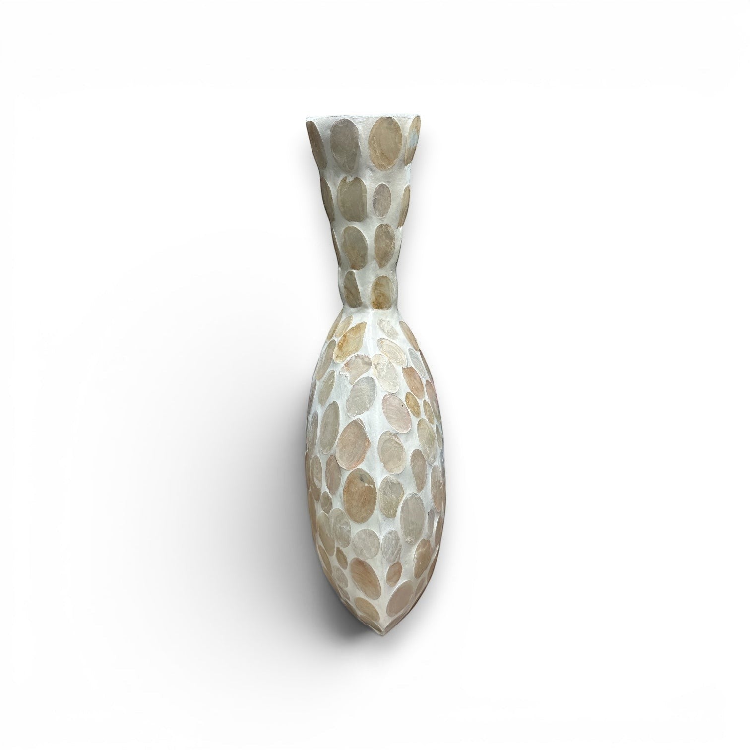 Mellow Monkey 23-inch bottleneck vase featuring an iridescent mosaic of genuine mother of pearl shell inlay.