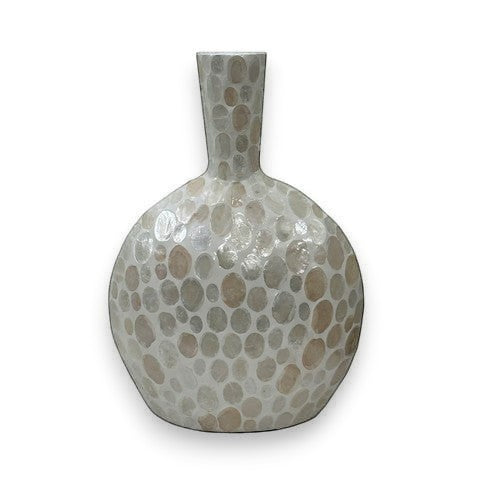 Mellow Monkey 23-inch bottleneck vase featuring an iridescent mosaic of genuine mother of pearl shell inlay.