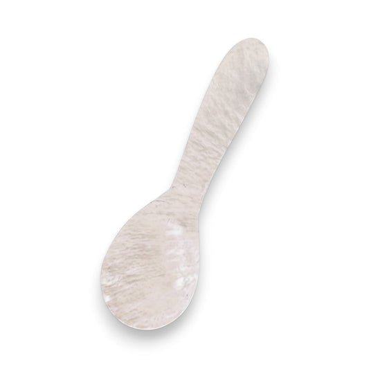 Mellow Monkey Mother of Pearl carved spoon, 2.5-in, iridescent white, ideal for caviar.