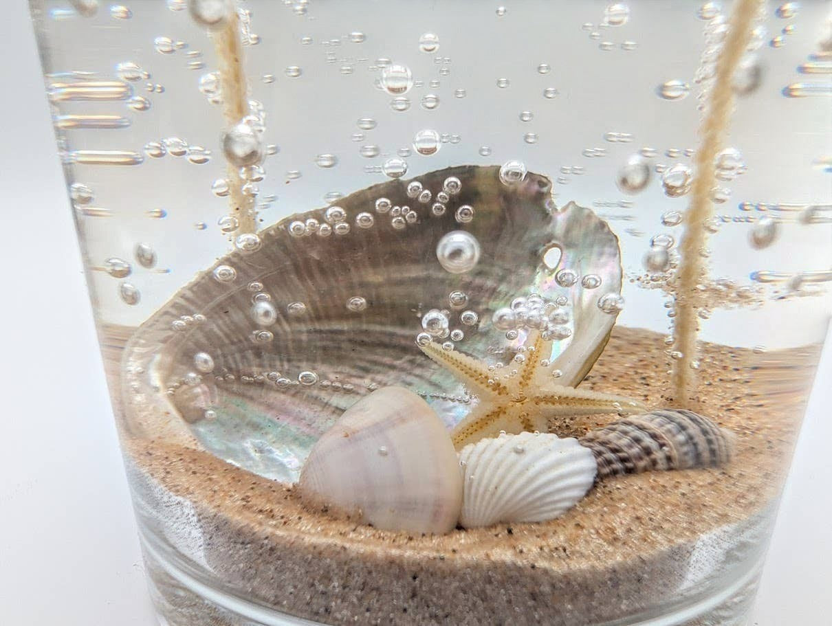 Mellow Monkey Mother of Pearl gel candle with seashells and starfish in clear wax, double-wick coastal design.