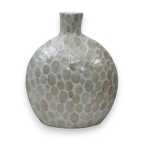 Mellow Monkey 20-inch bottleneck vase featuring an iridescent mosaic of genuine mother of pearl tiles.