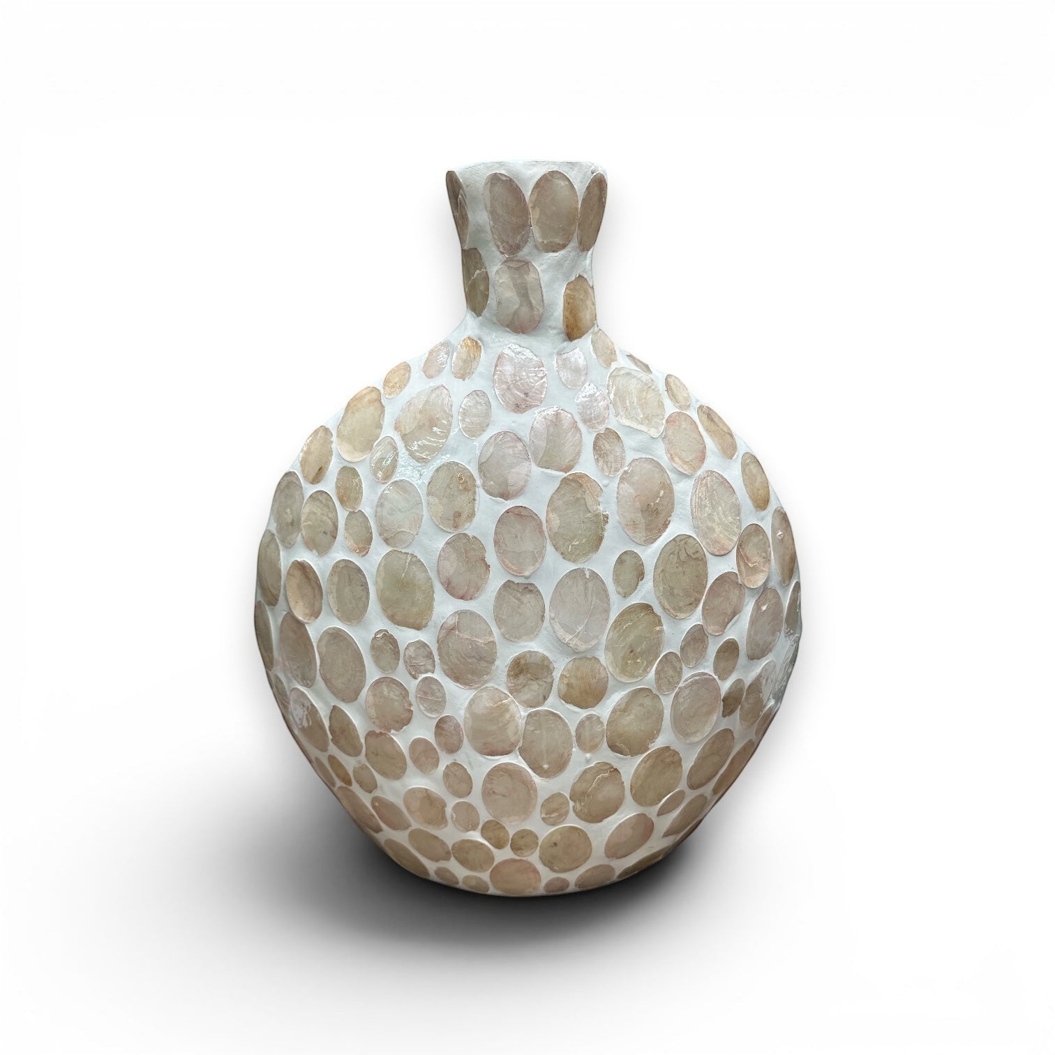 Mellow Monkey 20-inch bottleneck vase featuring an iridescent mosaic of genuine mother of pearl tiles on a rounded base.