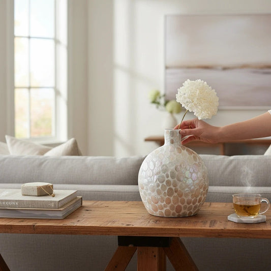 Mellow Monkey 20-inch bottleneck vase featuring an iridescent mother of pearl mosaic on a wooden console table.