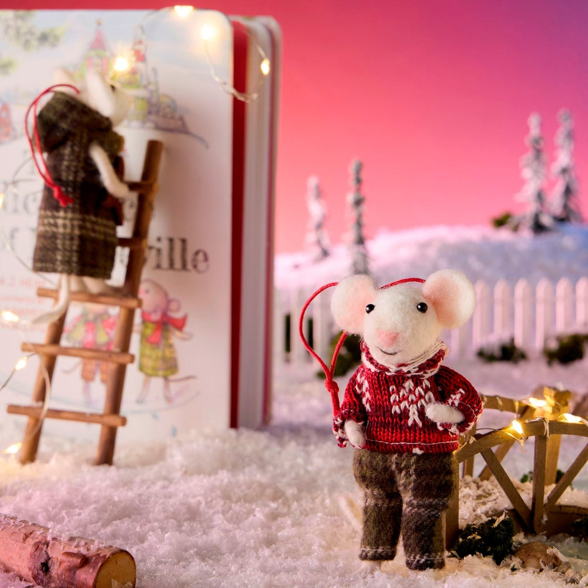 Mellow Monkey Mouseville storybook and felted mouse ornament set featuring festive characters in a snowy scene