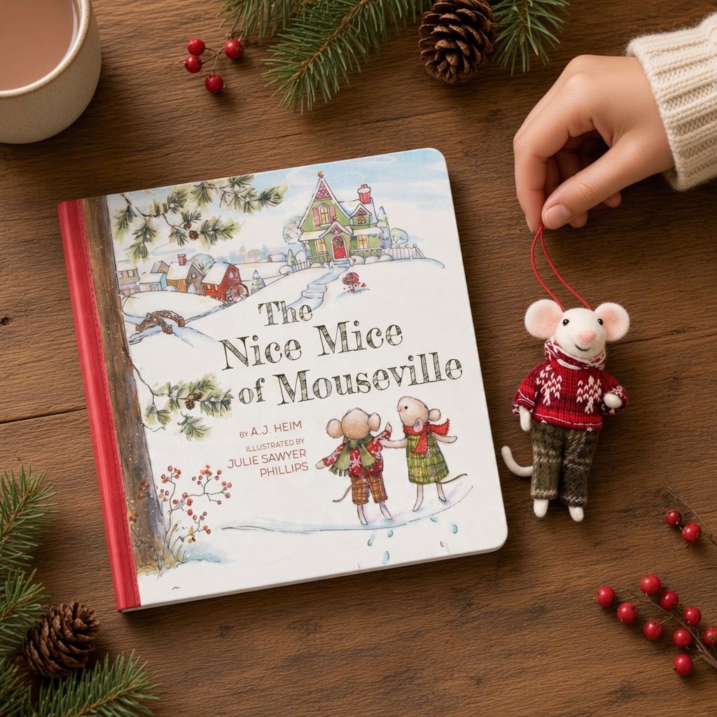Mellow Monkey Mouseville storybook and felted mouse ornament featuring a festive winter scene on a wooden table.